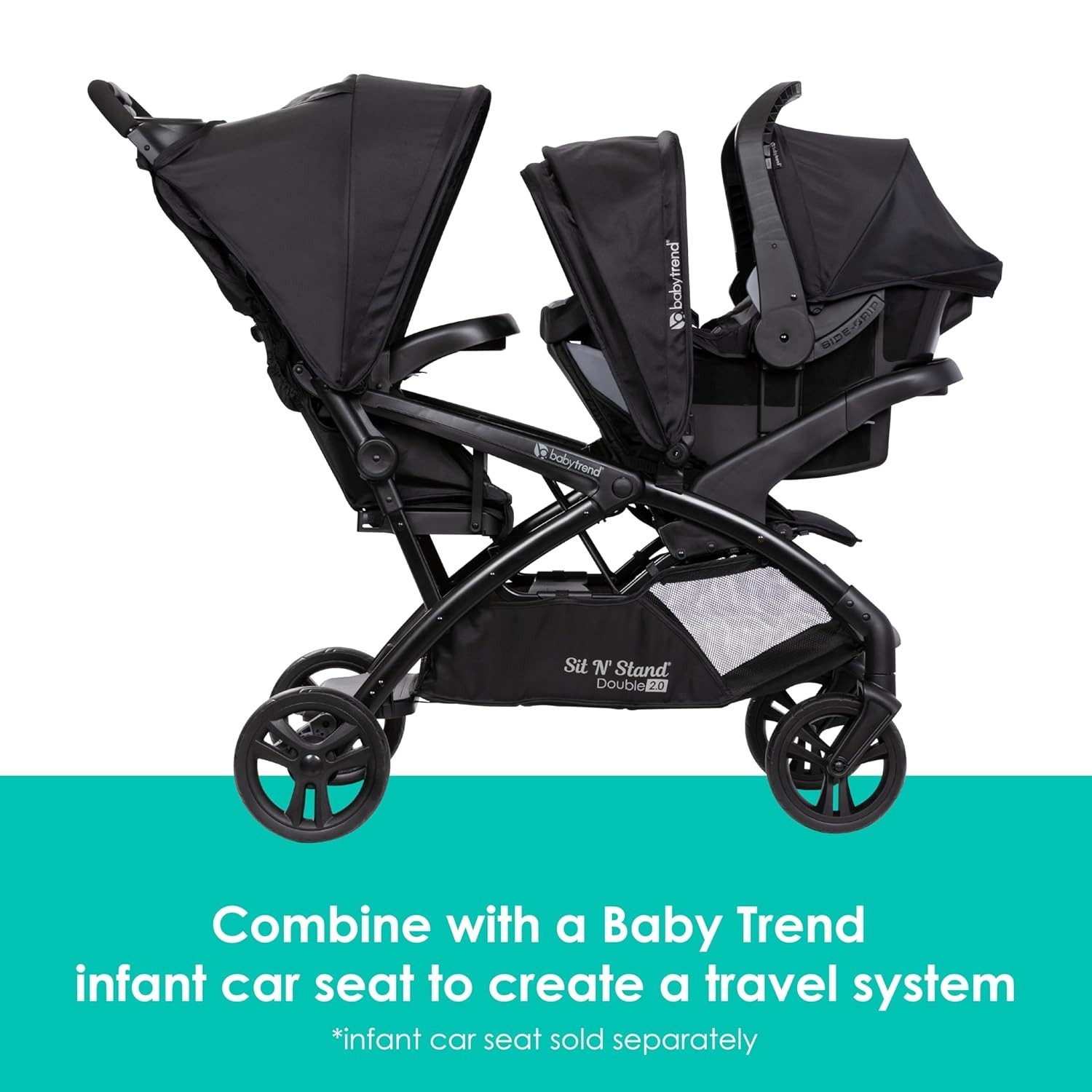 Sit N Stand Double Stroller Dash Black 5 Point Harness Adjustable Canopy