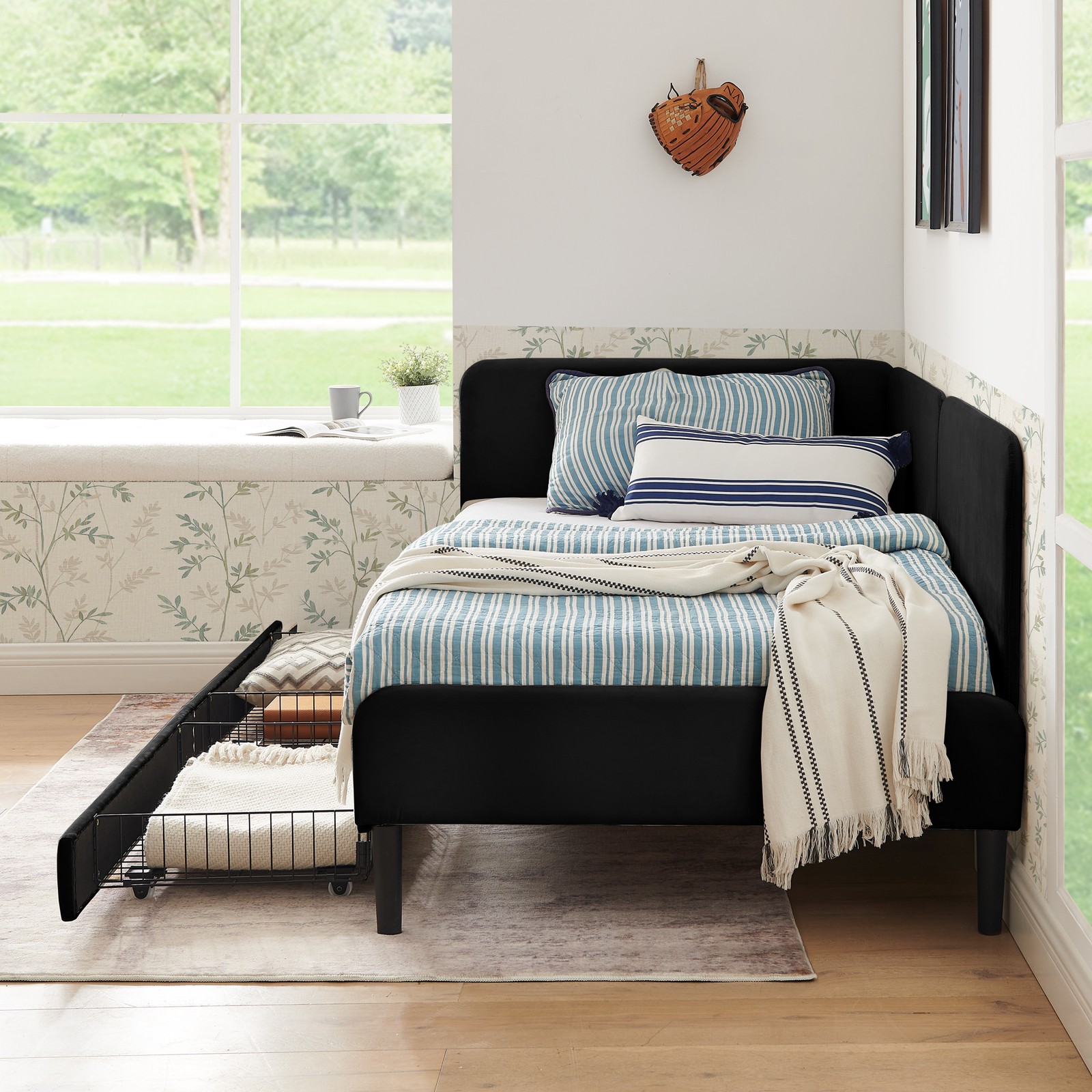 Twin Size Upholstered Platform Bed Frame with 2 Storage Drawers, Adjustable Vel