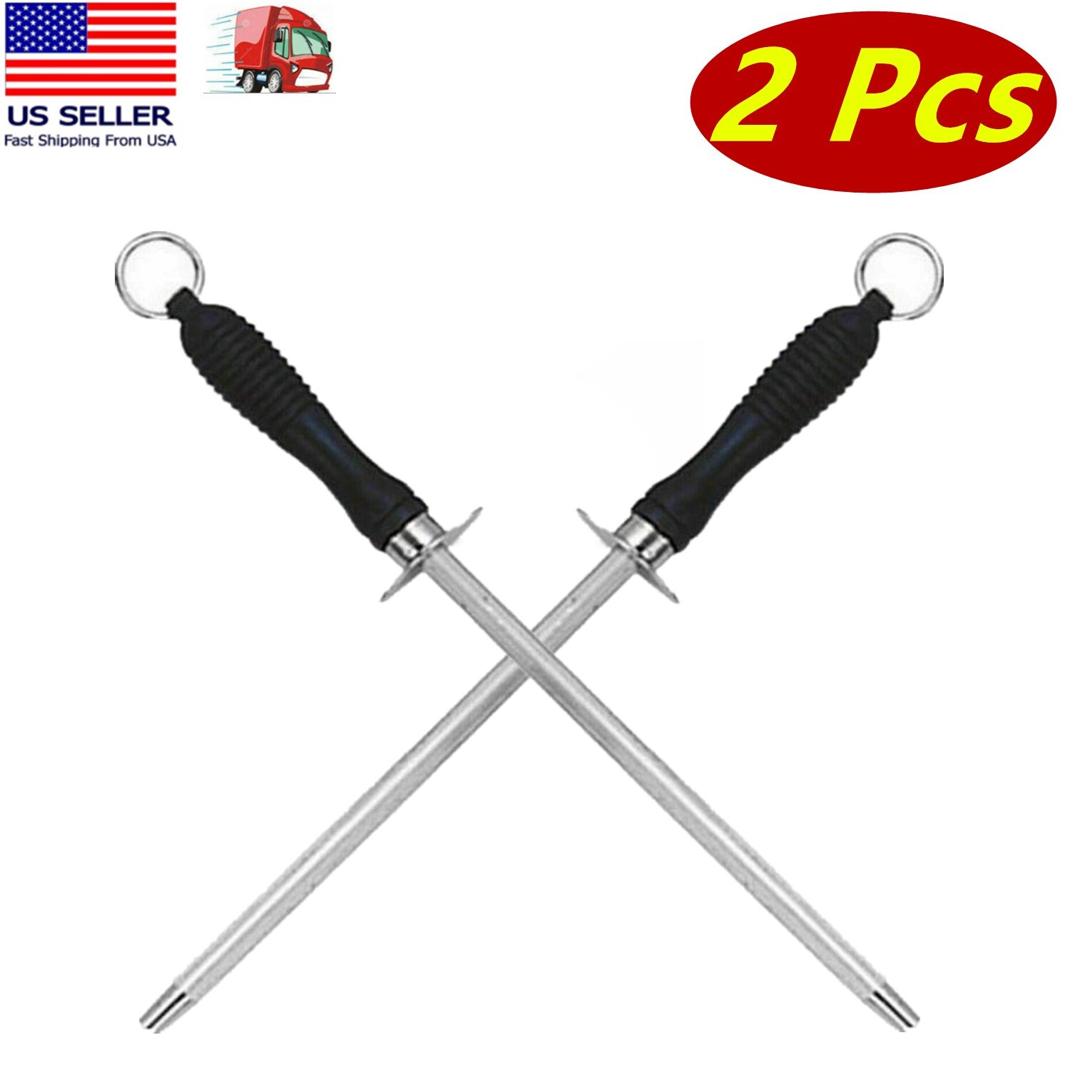 2 Pcs 11" Stainless Steel Knife Sharpener, Honing Rod, Kitchen Knife Sharpener