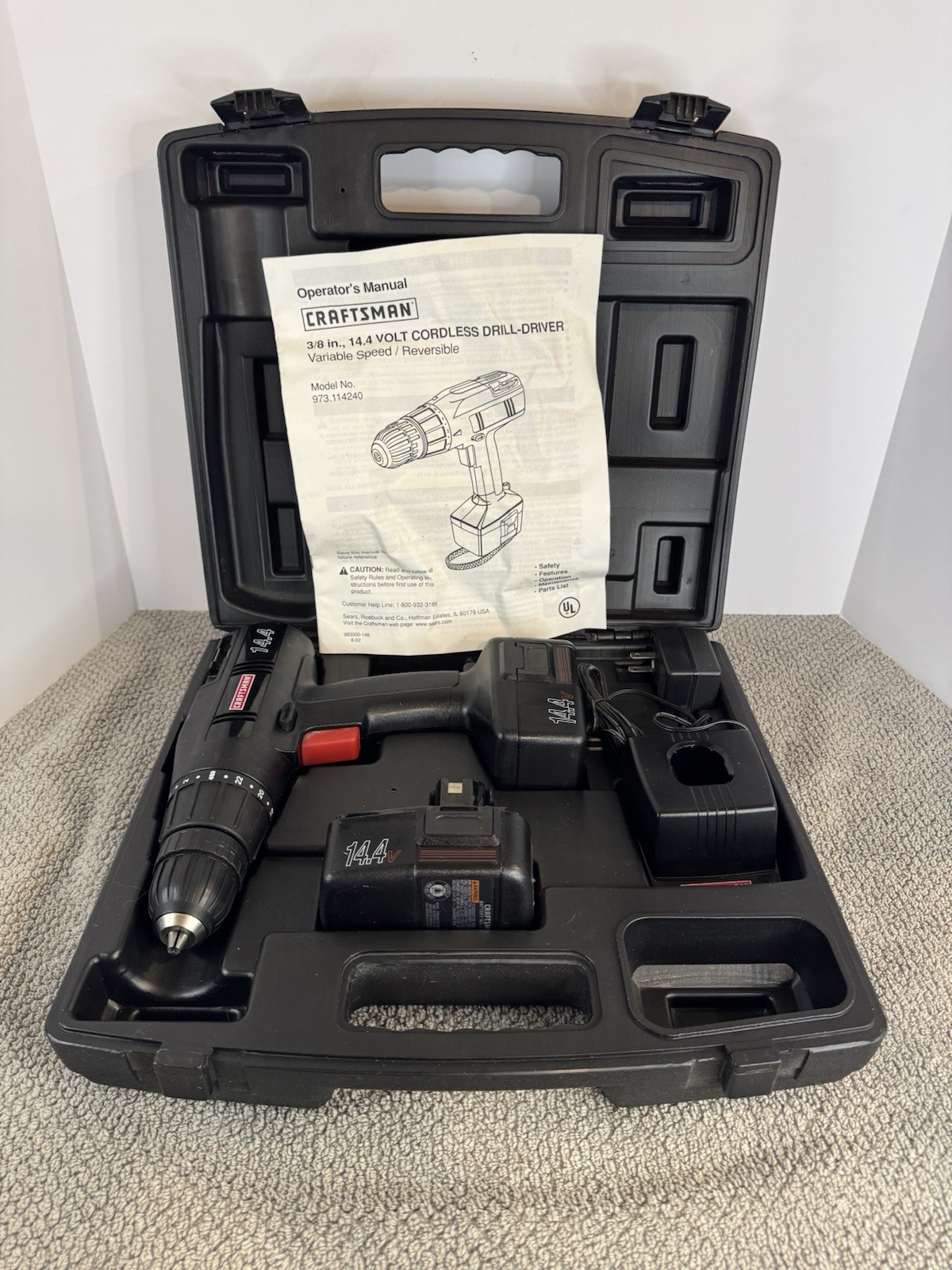 Craftsman Drill Set Model 973.11290 3/8 Inch 14.4 Volt with Case 2 Batteries
