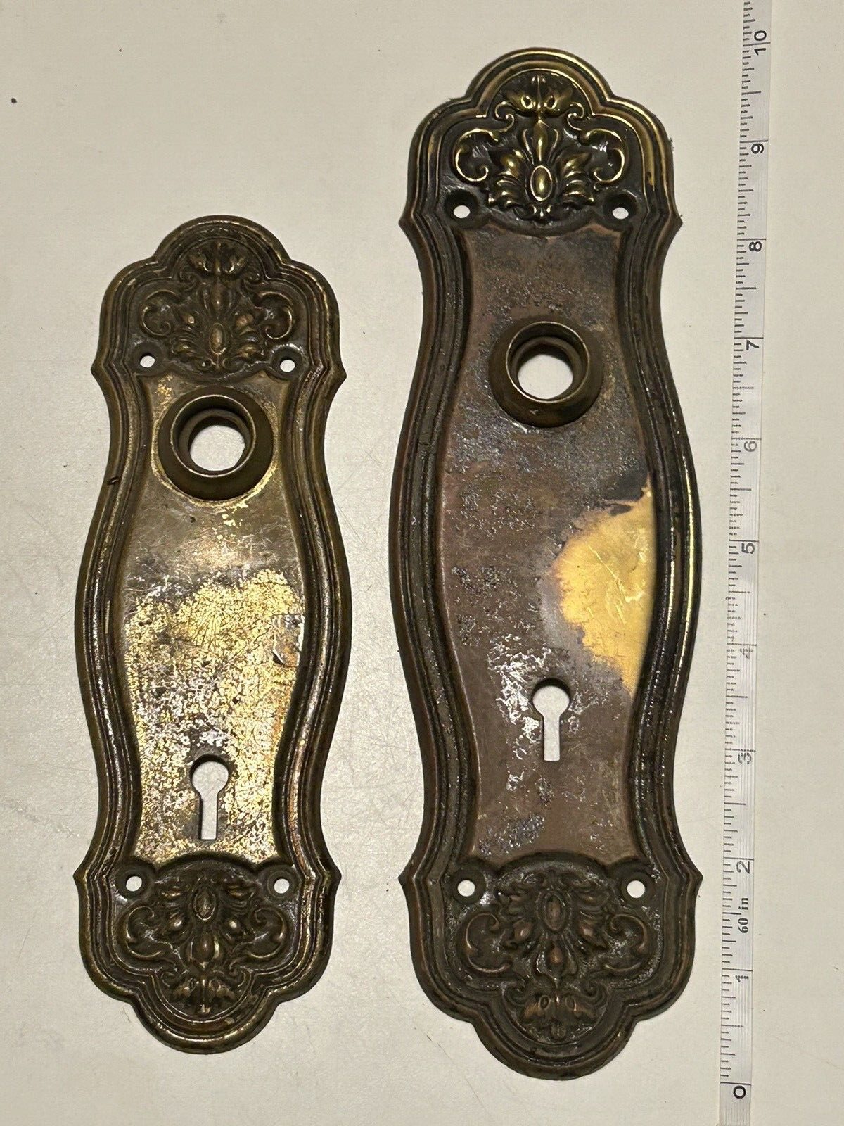 VTG Pair Of Ornate Antique Stamped Brass Door Knob Escutcheon- 8 & 10 Inch