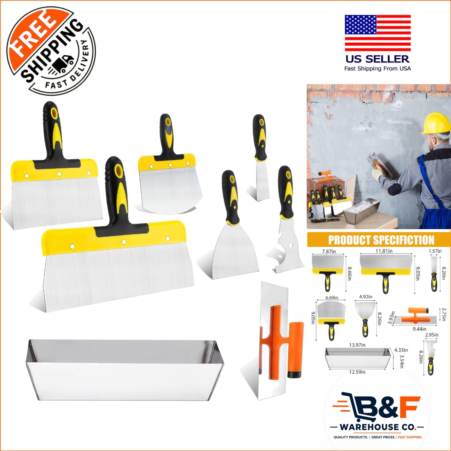 Professional 8-Piece Drywall Tool Set - Taping Knives, Trowel & Mud Pan Included