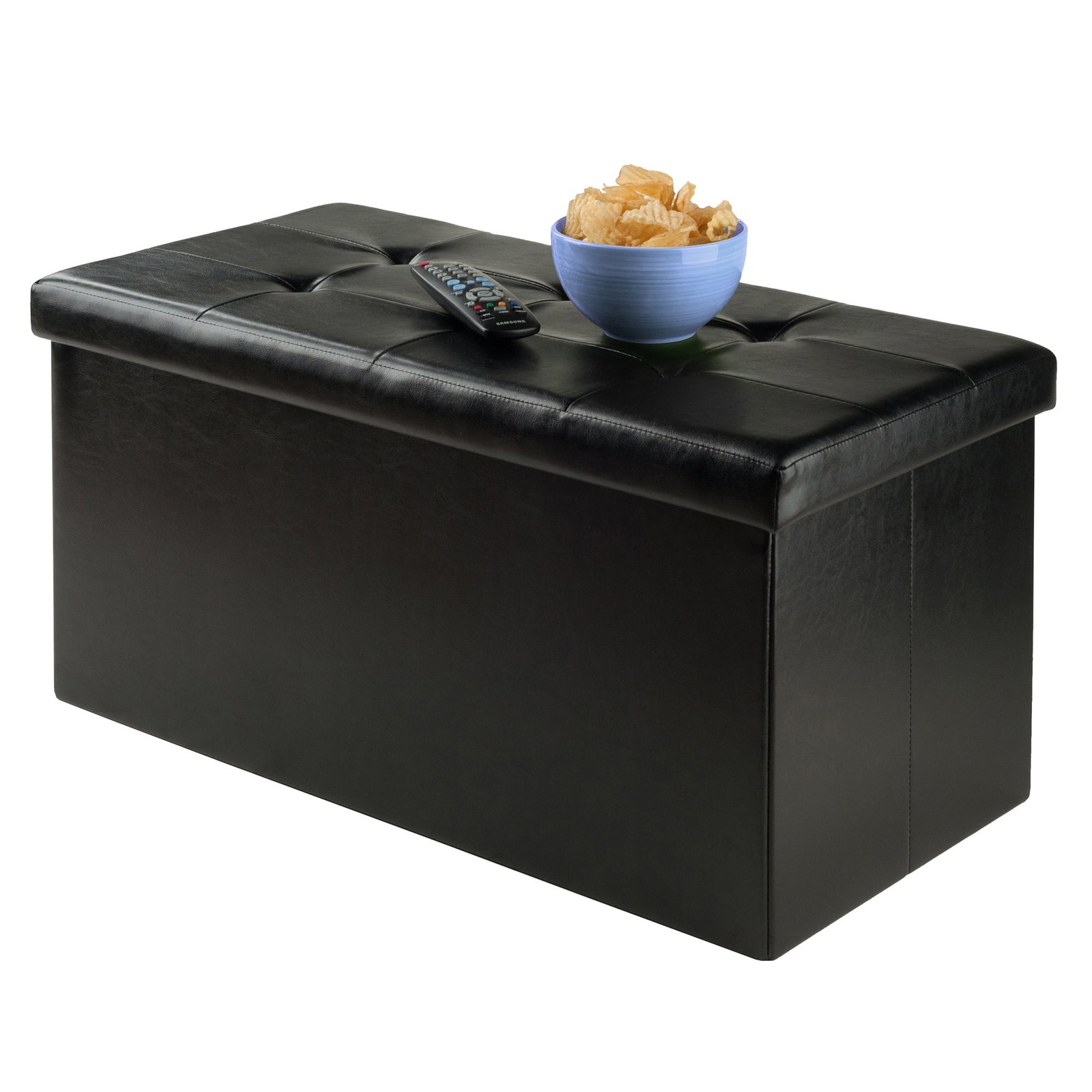 Wood Ashford Rectangular Storage Ottoman Black Faux Leather