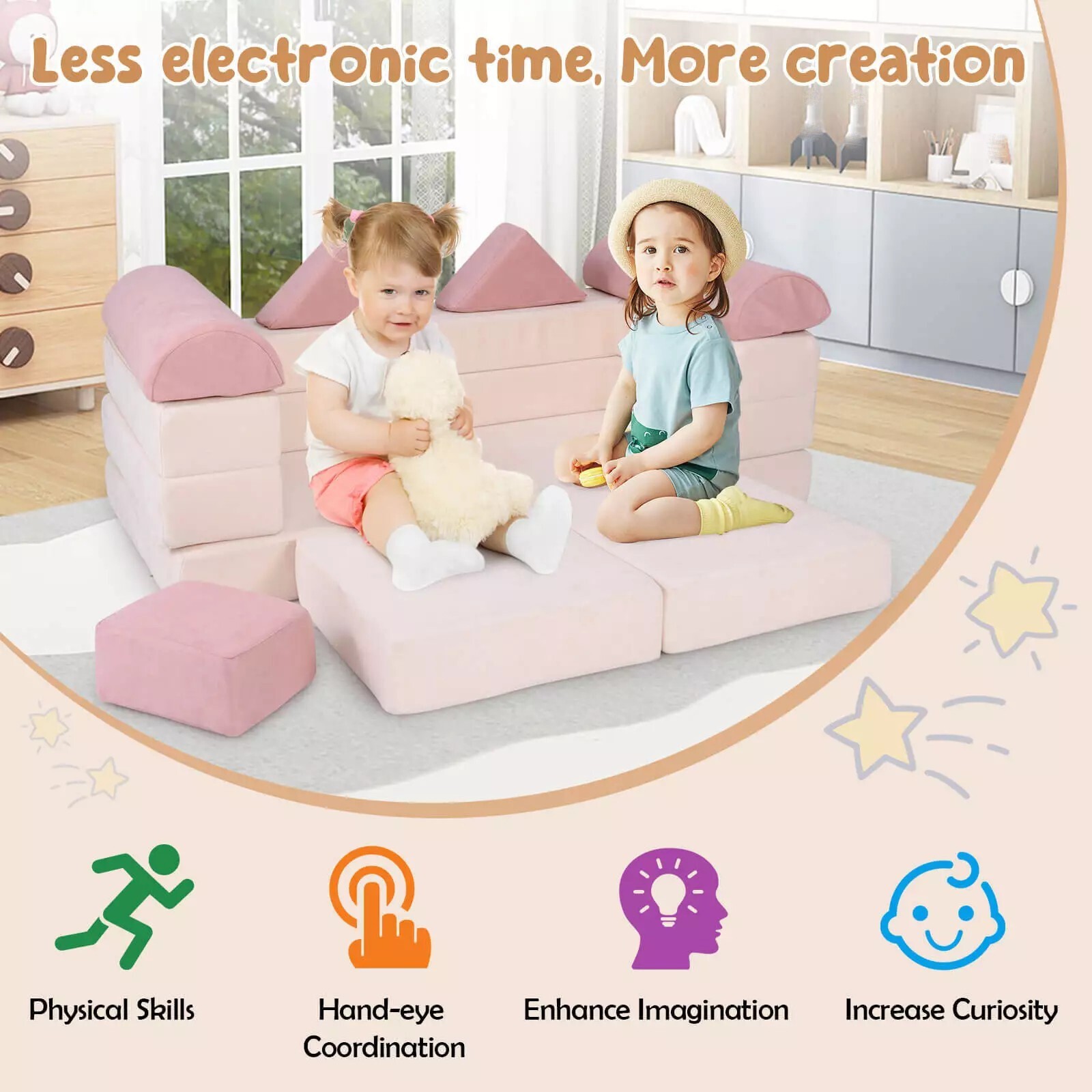 Kids Modular Play Couch, Convertible Foam Couch Play Set with Suede Fabric Cover