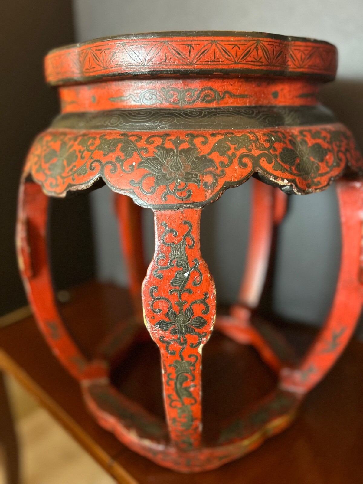 Antique 1920s Ming Dynasty Style Stool Black and Red Lacquer