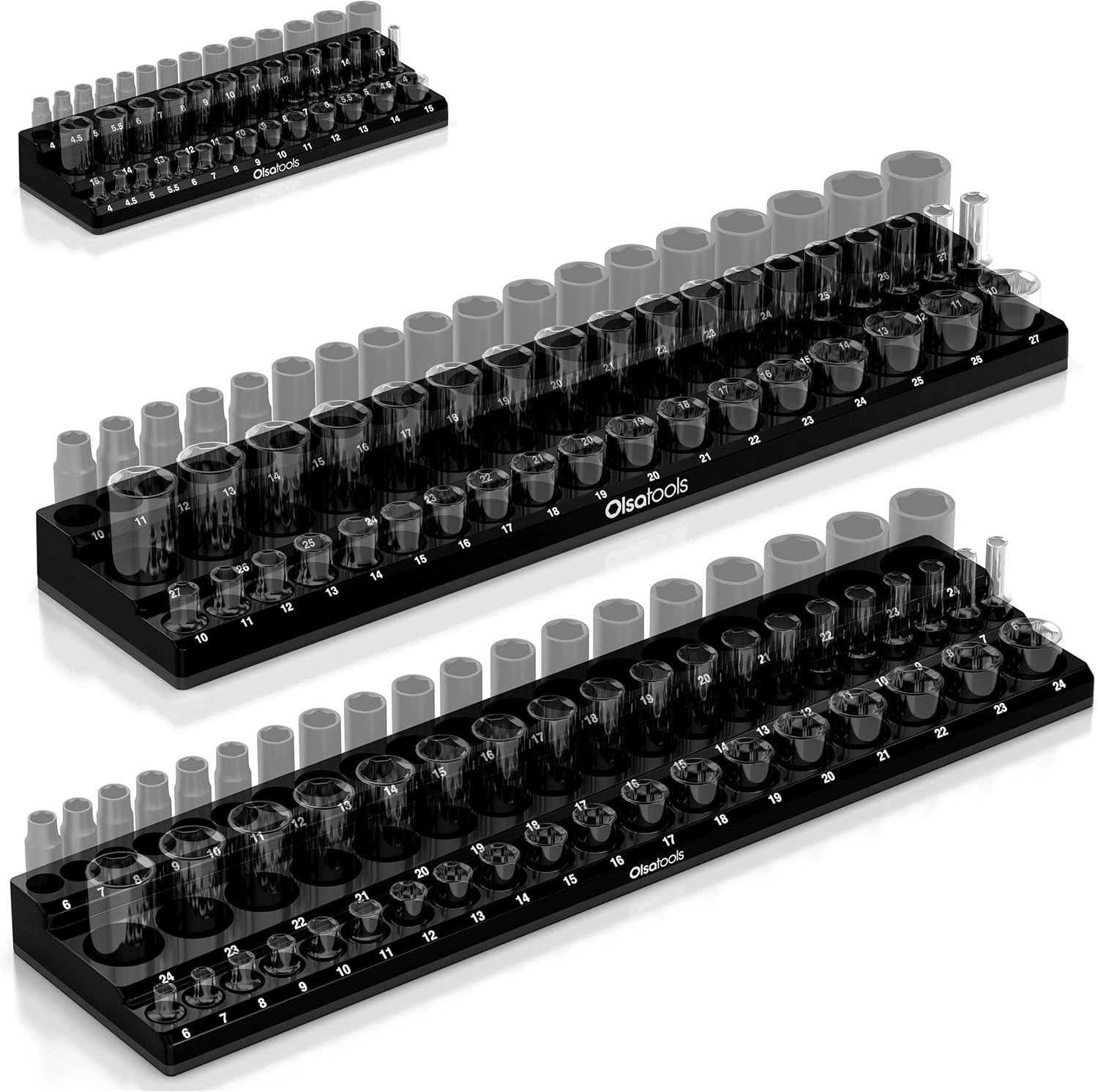 3-Row Magnetic Socket Organizer - 1/4", 3/8" & 1/2-Inch Drive Metric Socket Hold