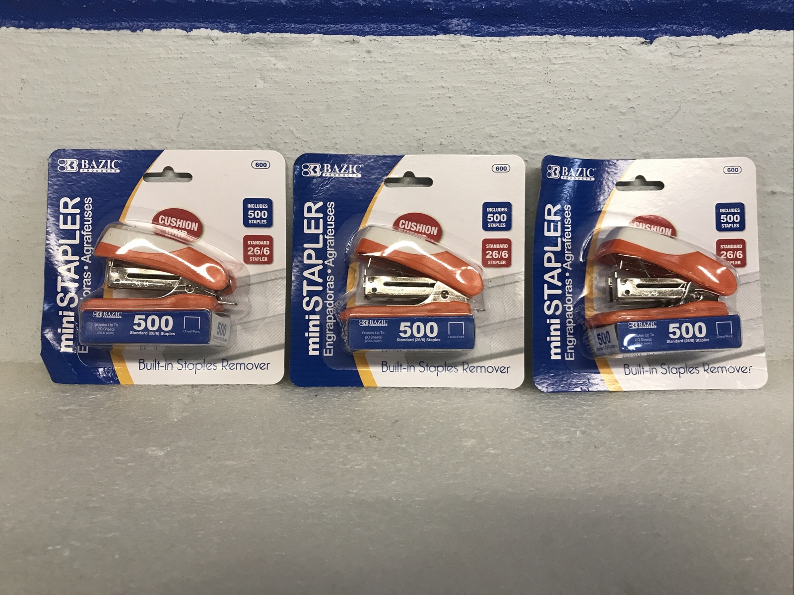 Mini Cushion Grip Standard Stapler 26/6 W/ 500 Staples Orange Lot Of 3 Bazic New