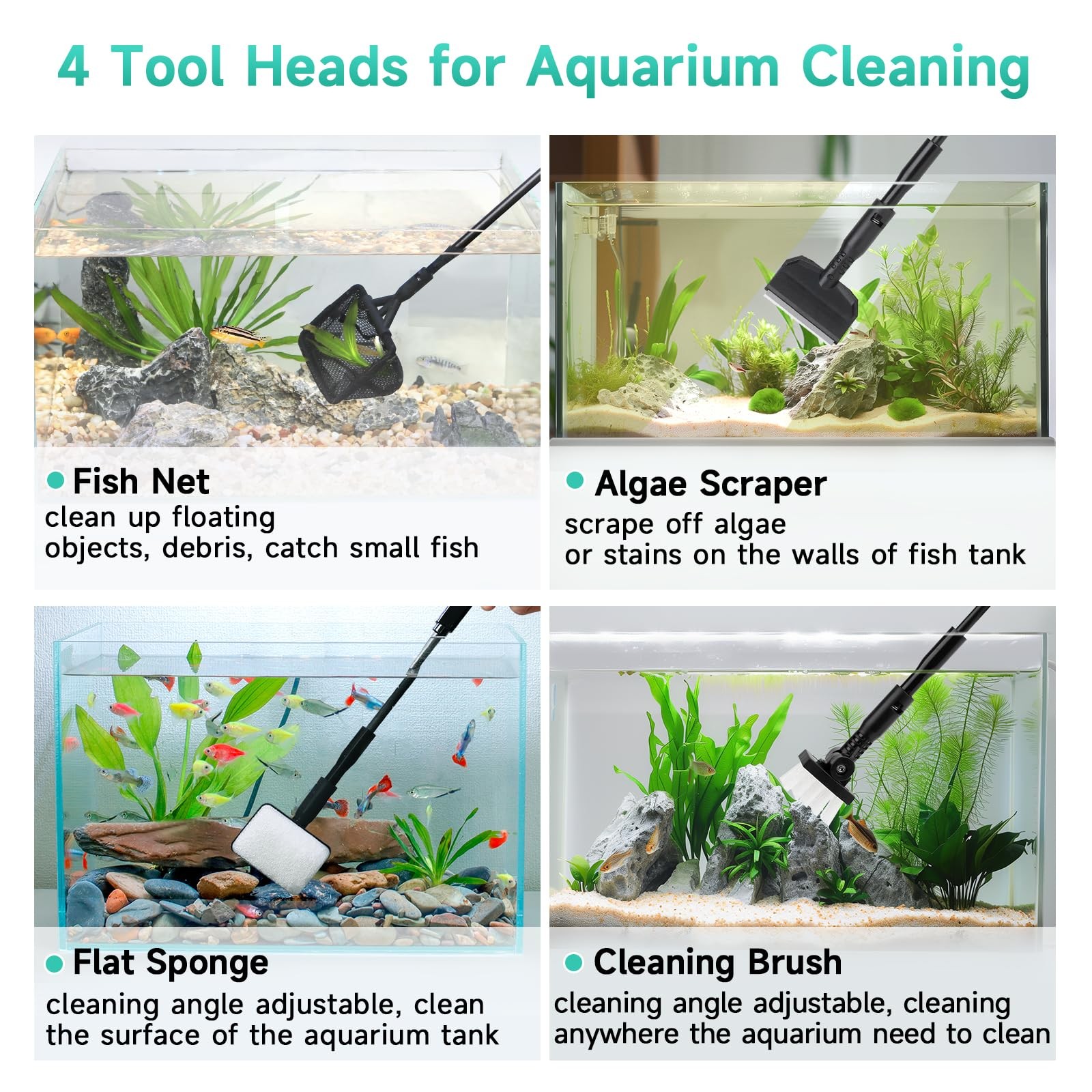 hygger Small Aquarium Cleaning Tools, 4 in 1 Fish Tank Cleaner Kit S, Black
