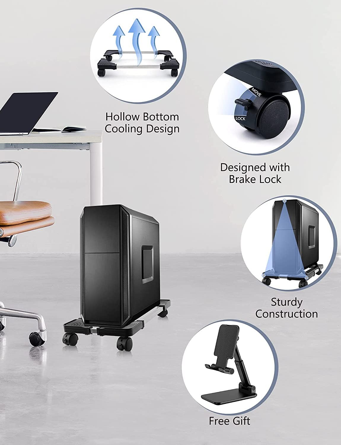Computer Tower Stand, PC Stand, Adjustable Mobile CPU Stand with Rolling Whee...