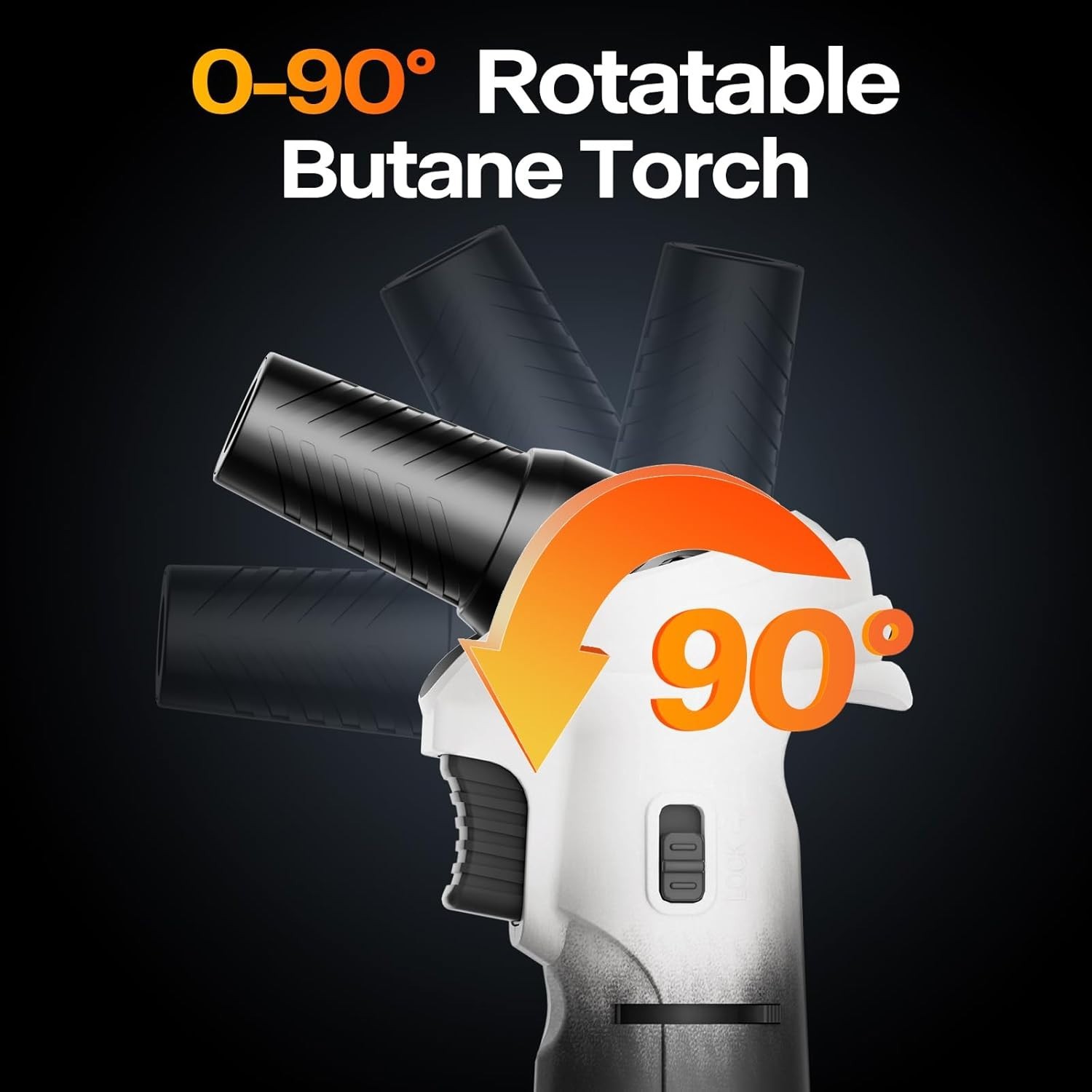 Butane Torch Lighter Adjustable Flame Refillable 0-90° Rotating Head White Black
