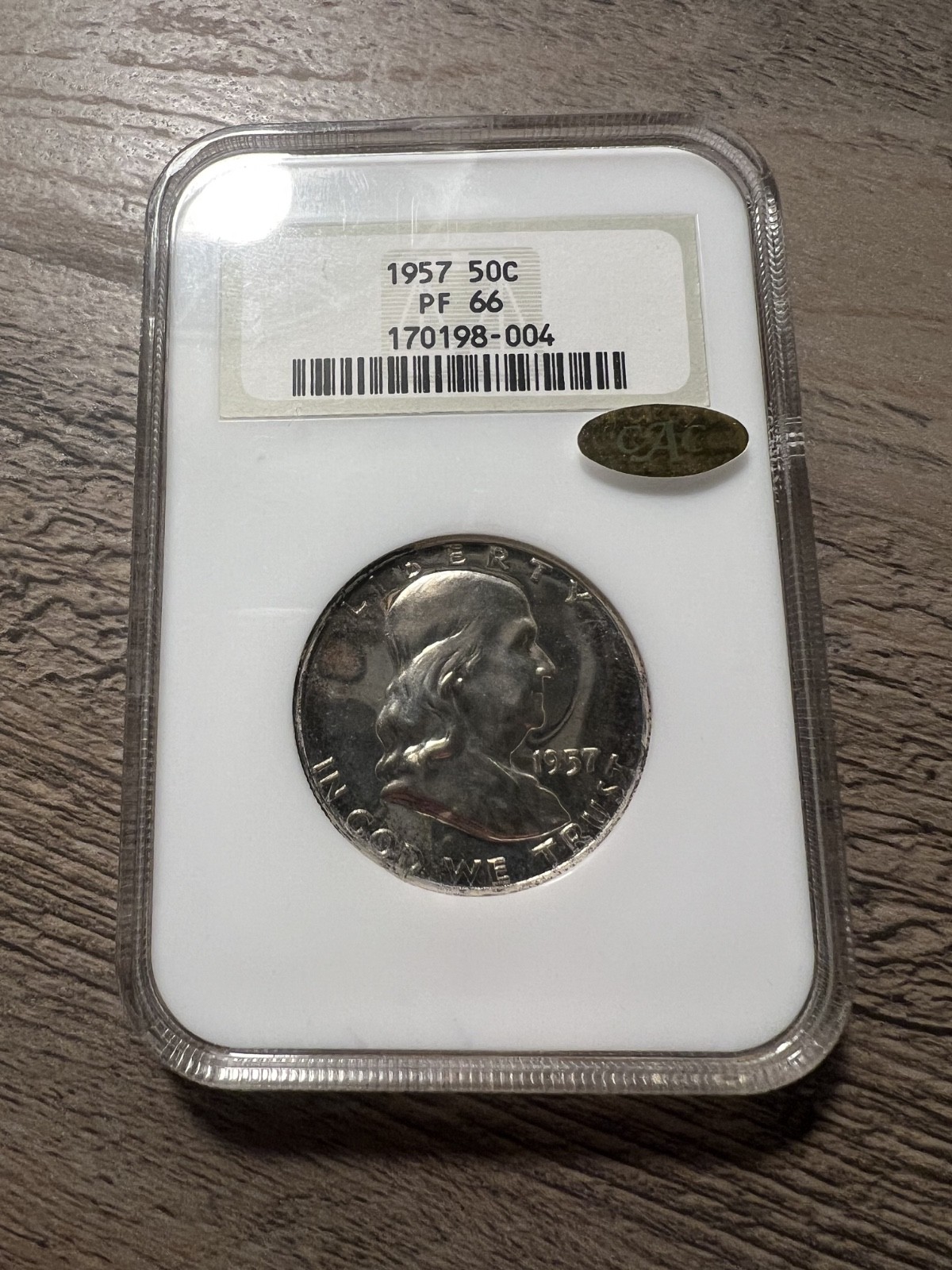 1957 50C NGC PF66 - Proof Franklin Half Dollar - FATTY GOLD CAC!