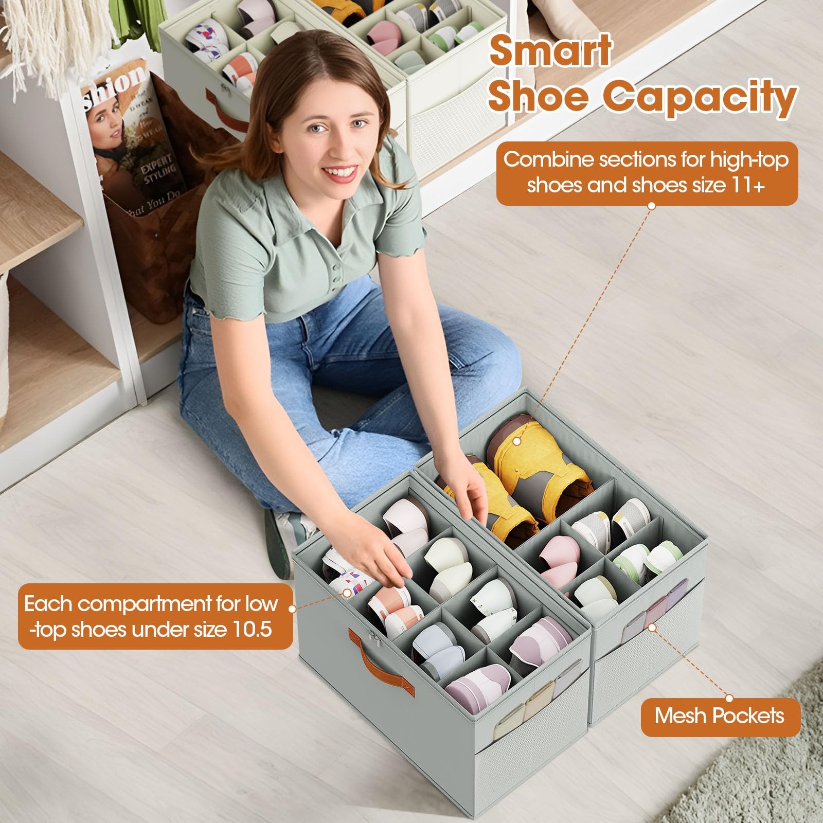 2 Pack Shoe Organizer for Closet,Foldable Shoe Storage Organizer with Adjusta...