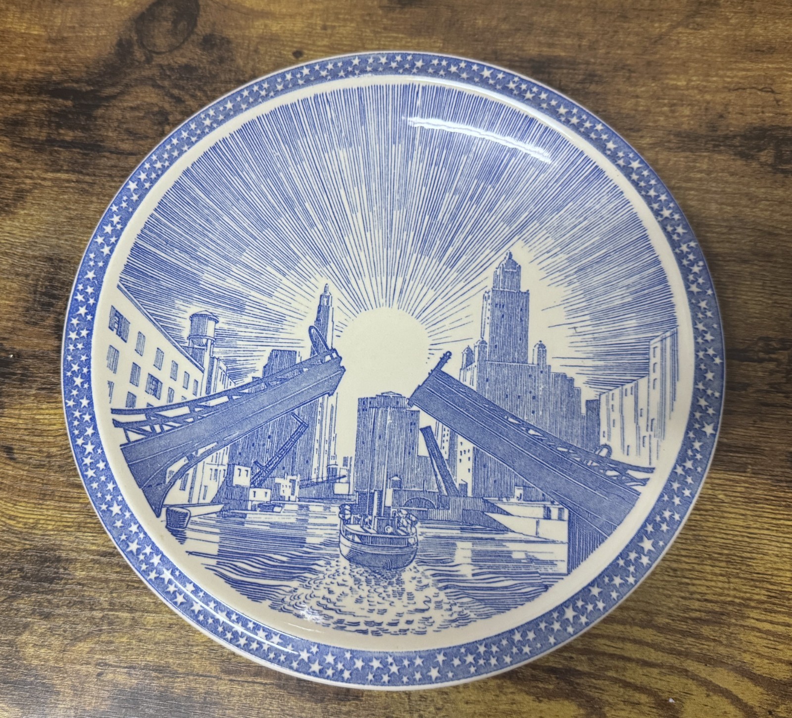 Vernon Kilns OUR AMERICA Blue Metlox Chicago Drawbridge -- Luncheon Plate 9 1/2"