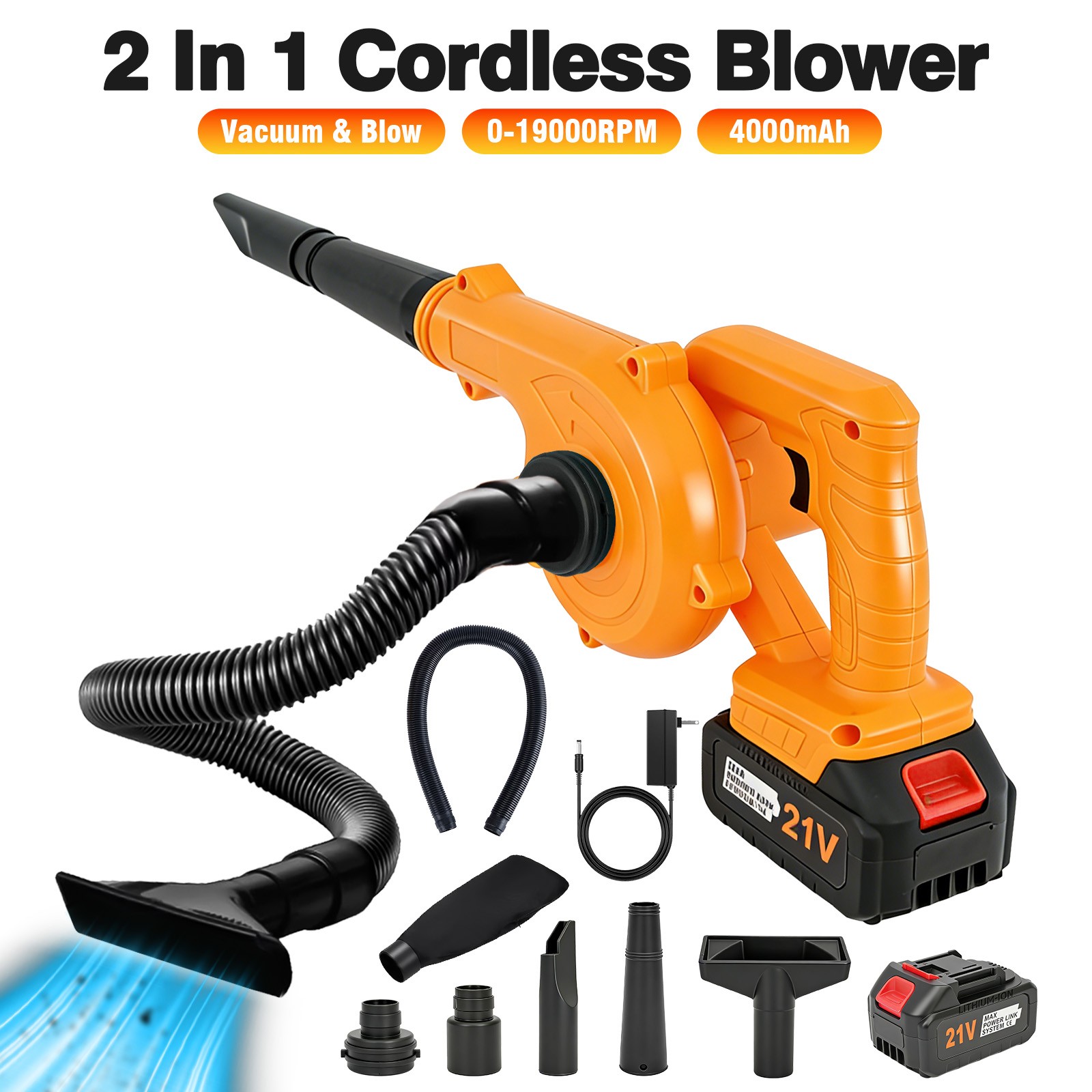 Cordless Leaf Blower & Vacuum 160MPH & 19000RPM Air Snow Blower w/ 4.0Ah Battery
