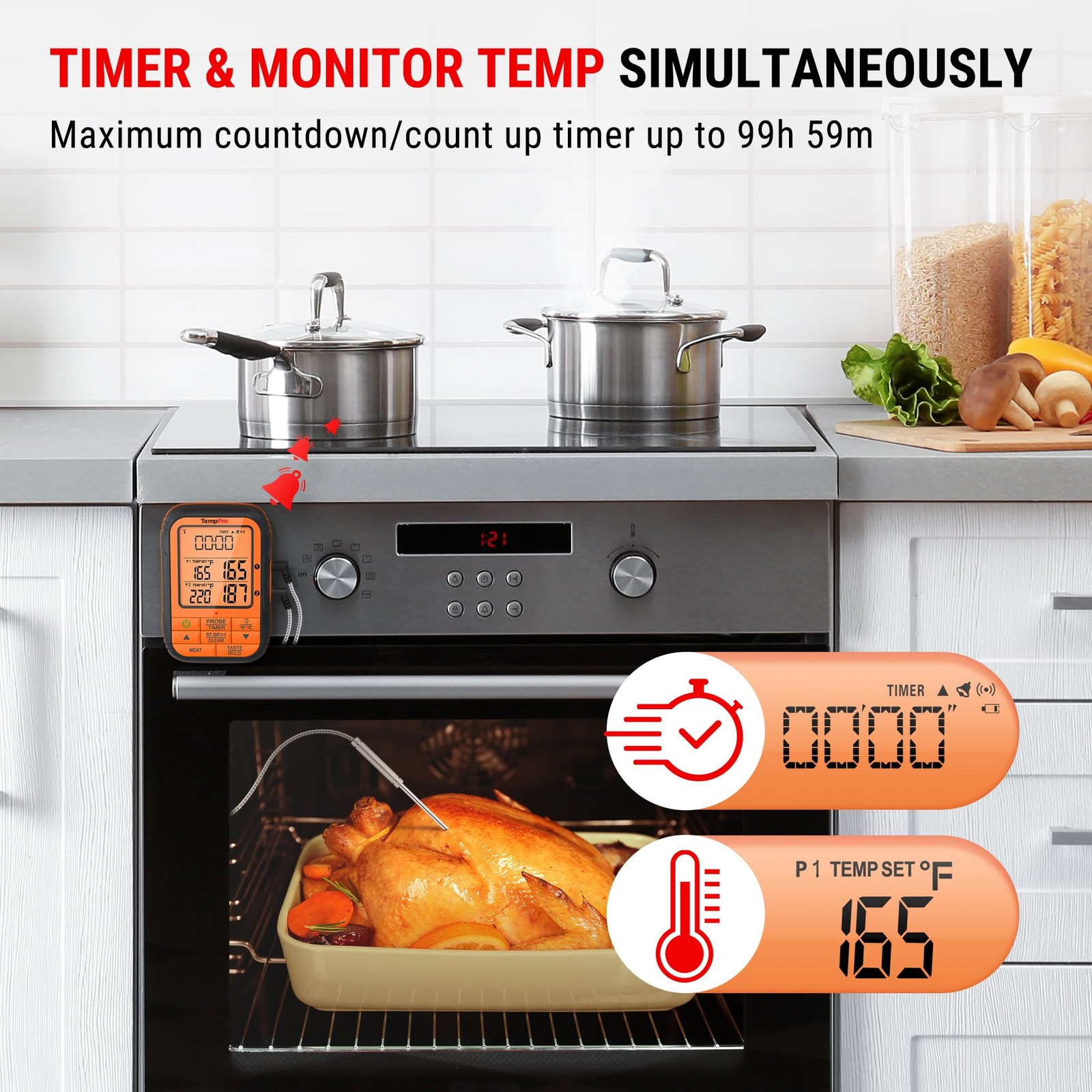 TempPro TempSync 500FT Wireless Meat Thermometer Two Probes, black or silver