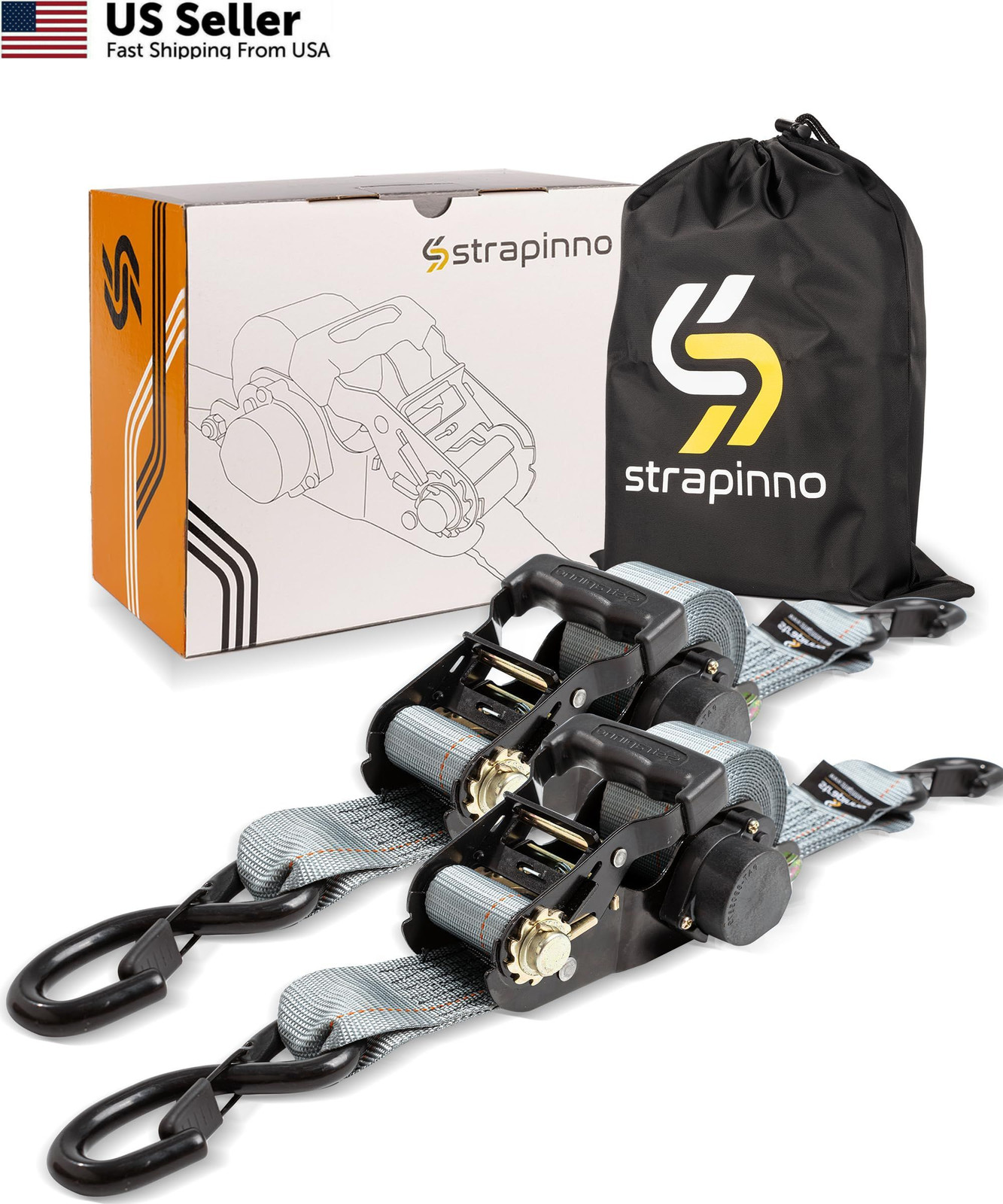 Strapinno Retractable Ratchet Tie-Down 2 inches wide x 12 feet long, Gray