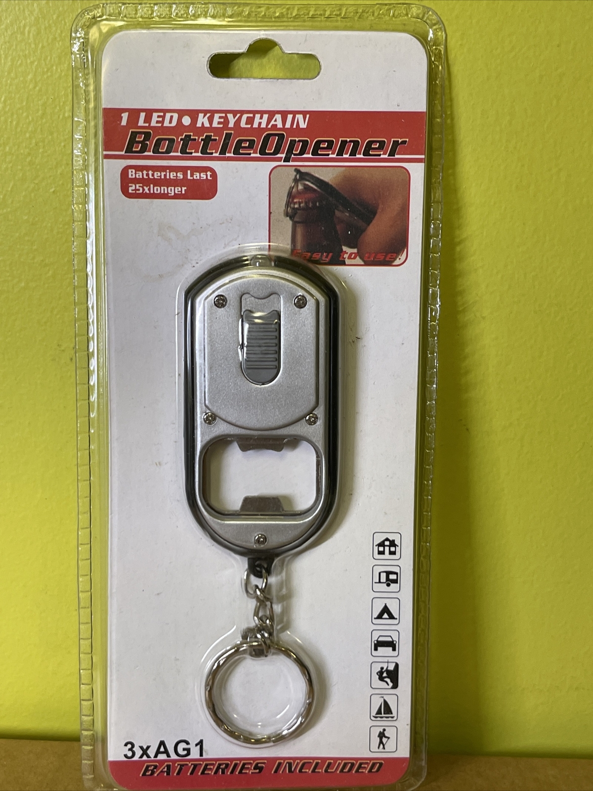 Bottle Opener  Key Chain with LED Light   3xAG1 Batteries Included.