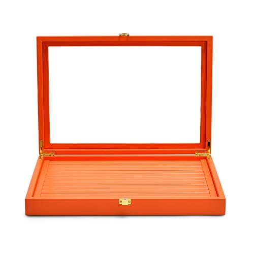 Premium Leather Jewelry Display Tray with Acrylic Lid Ring Ring Slots Orange