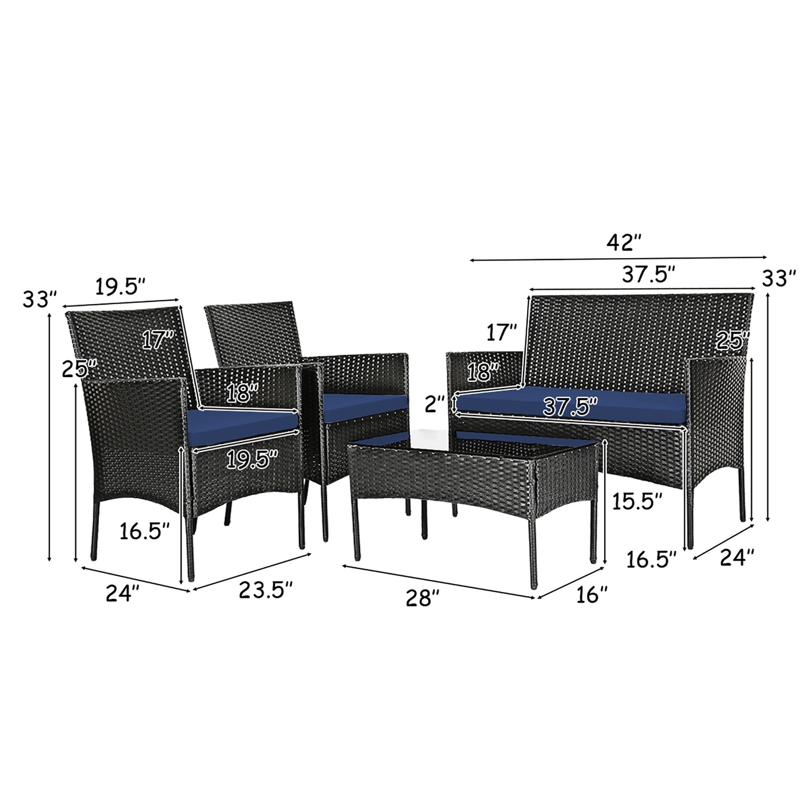 8PCS Furniture Set Patio Rattan Conversation Set w/Navy & Off White Cushion