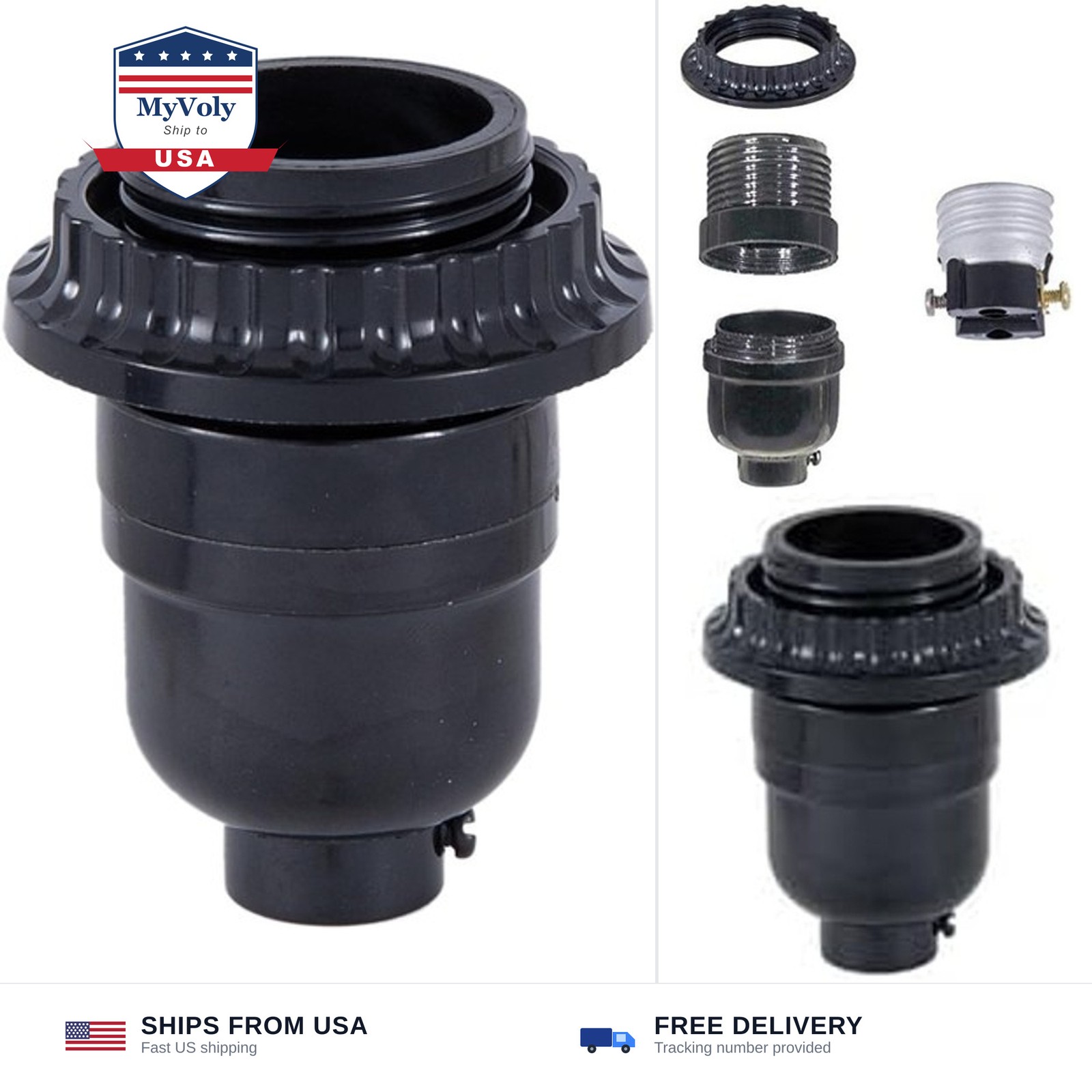 B&P Lamp® Long Keyless Black Plastic Phenolic Socket with Medium Base, Thread...