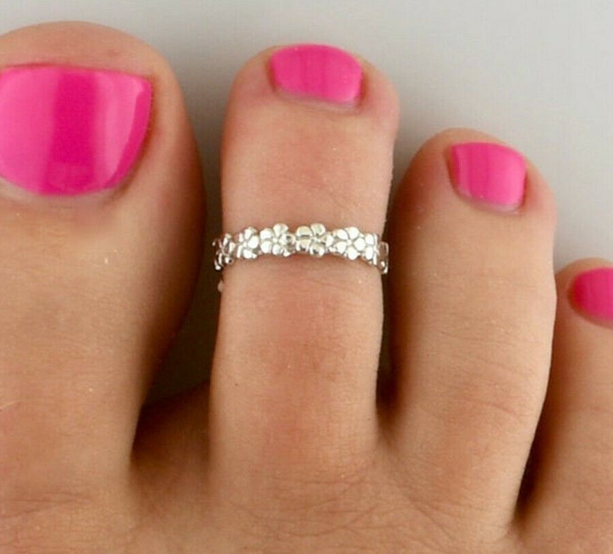 Thanksgiving Gift for Women Solid Metal 925 Silver Flower Full Eternity Toe Ring