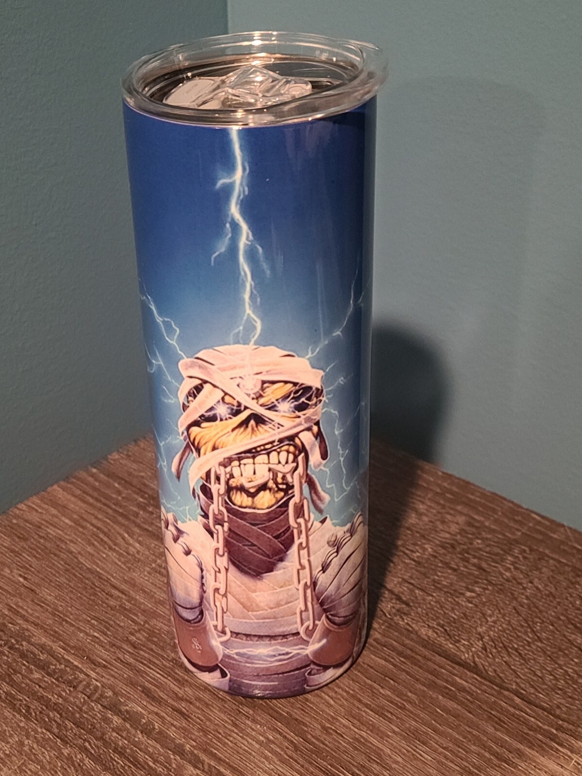 Iron maiden Powerslave/Eddie Mummy 20 oz skinny tumbler CUSTOM MADE NEW w 2 lids