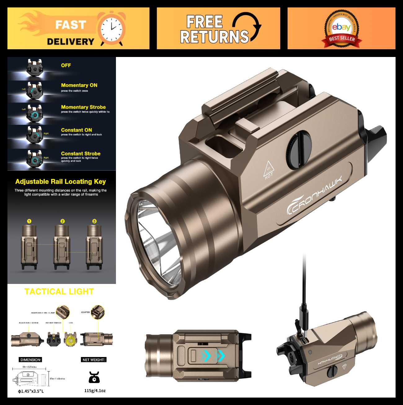 Rechargeable 1350 Lumen Pistol Light with Strobe, Picatinny Rail Mount, Aluminum