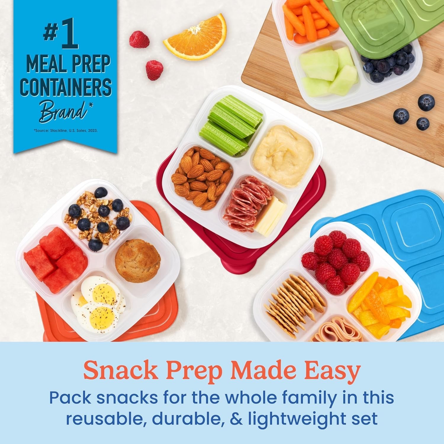 Easyboxes 4-Compartment Snack Containers - 8-Piece Set with 4 Trays & 4 Custo...