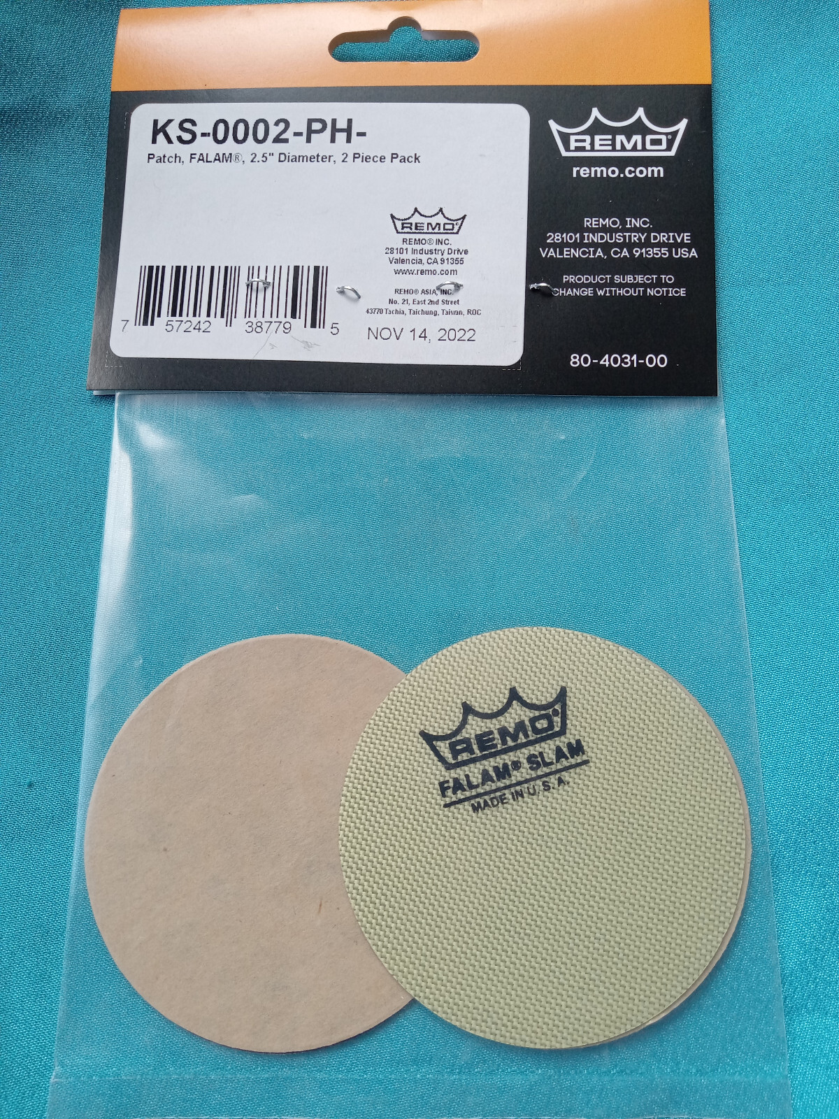Remo Patch, 2.5" Diameter Falam Slam Bass Drumhead Patch, 2 Pack, KS-0002-PH