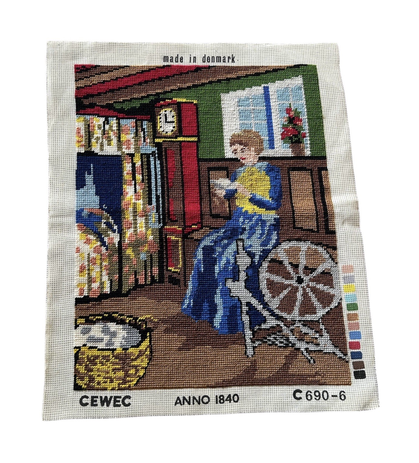 Vintage Needlepoint Canvas Women Spinning Wheel CEWEC Made in Denmark C690-6
