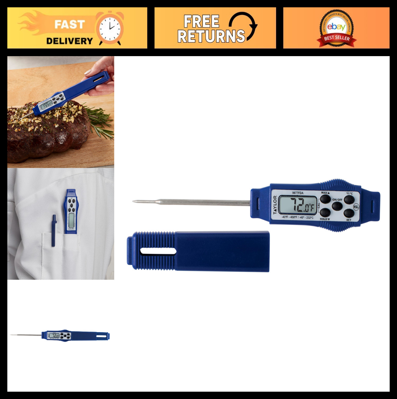 Compact Waterproof Digital Food Thermometer - 2.81" Stem, 1.5mm Probe, NSF Certi