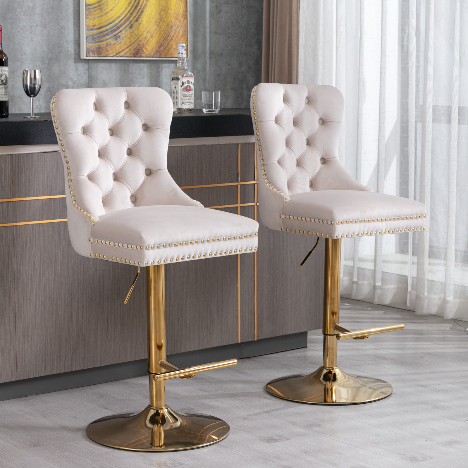 Bar Stools Set of 2 Velvet Upholstered Wingback Adjustable Swivel Bar Chairs