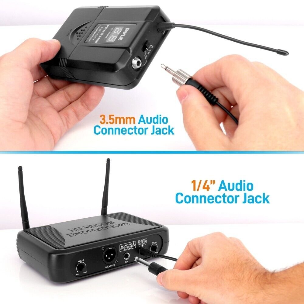 Pyle UHF Wireless Microphone System 2 Lavalier 2 Headset Microphones - Black