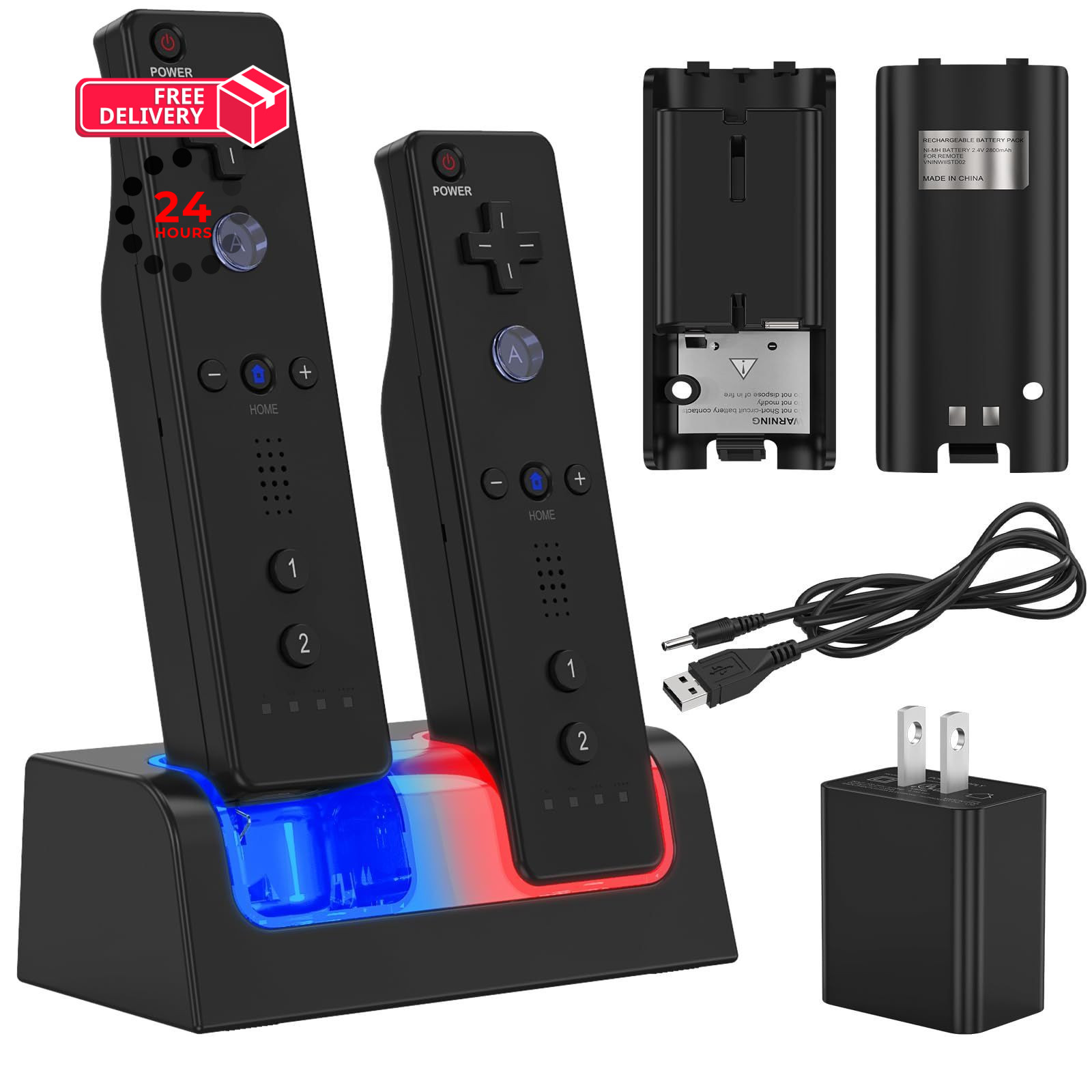 Remote Controller Charger for Wii/Wii U with 2 Pack 5.1 * 2.3 inches, Black