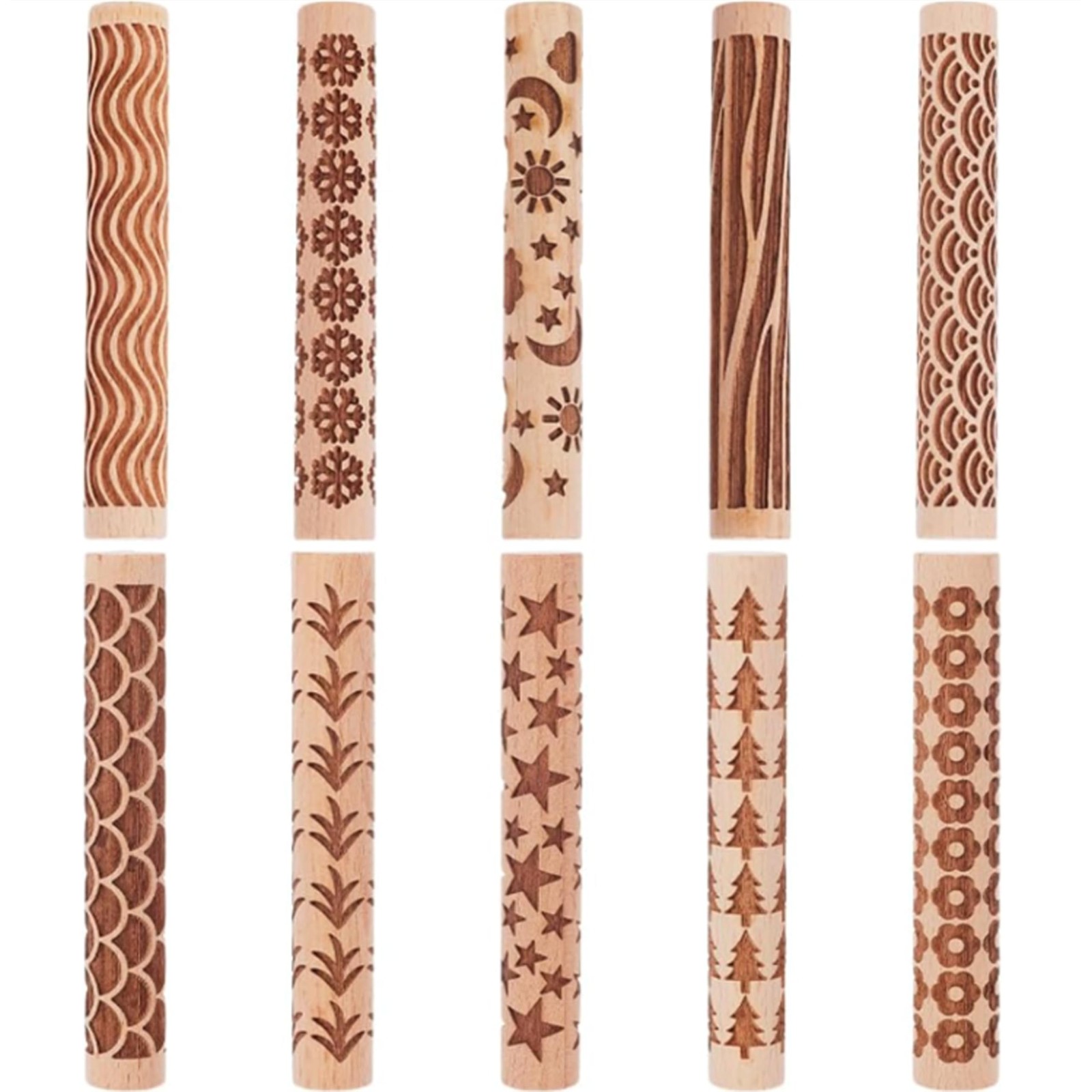 Wooden Clay Texture Rollers Set 10Pcs for Pottery Clay Roller and Texture Rol...