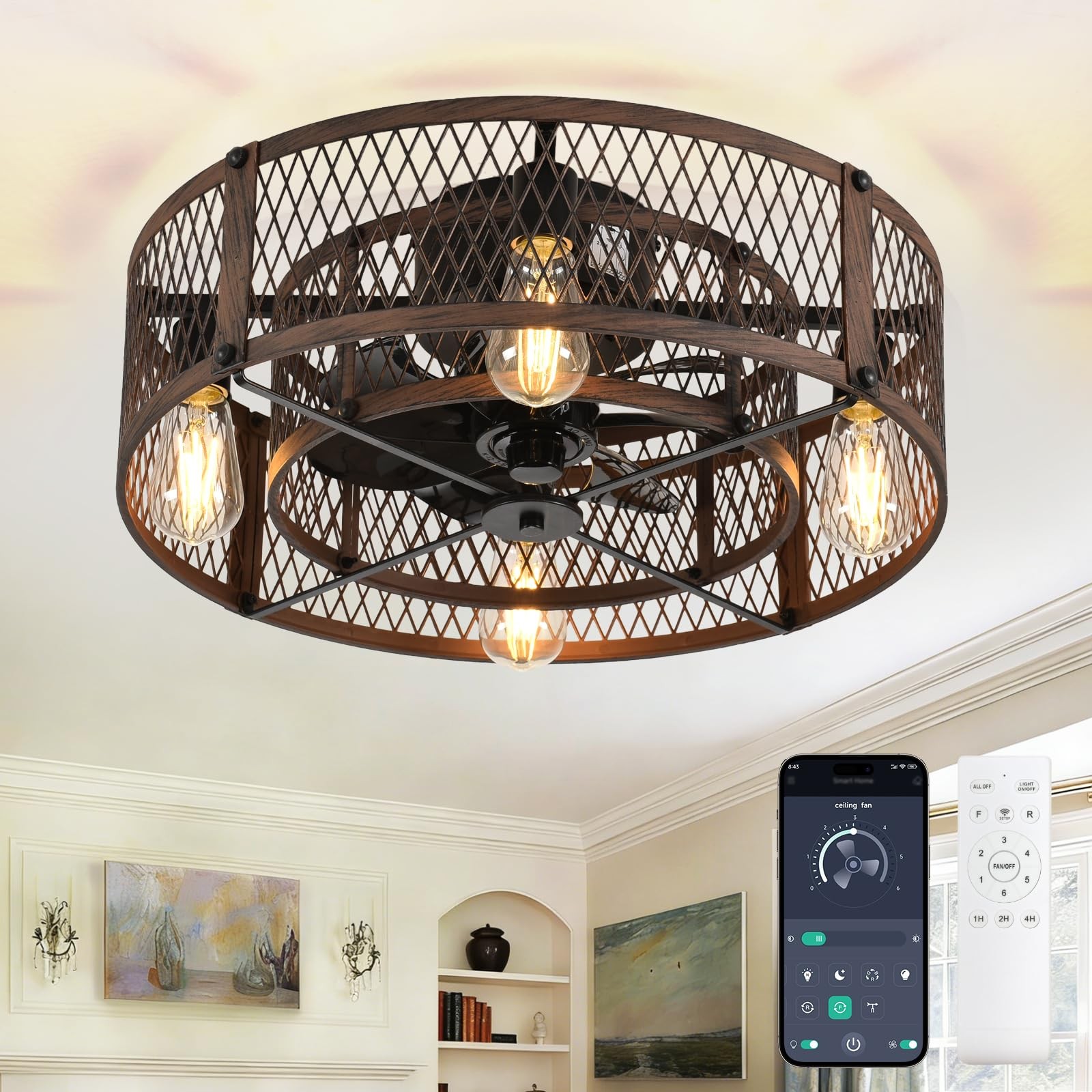 Flush Mount Ceiling Fan: 20" Caged Ceiling Fans with Lights and Remote App Co...