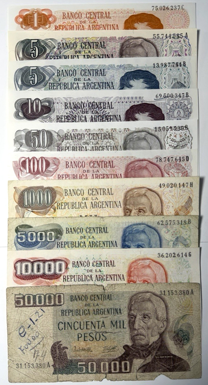 Argentina 1 - 50,000 Pesos 1990s 10 Note Collectors Set