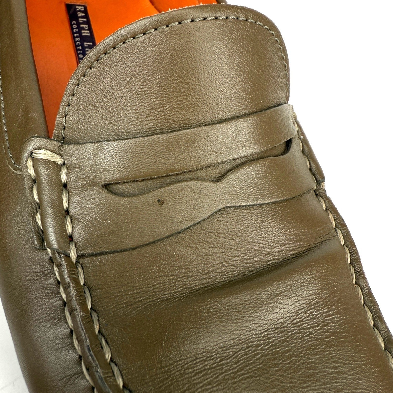 RALPH LAUREN Purple Label Brown Olive Green Leather Driving Loafers 39.5