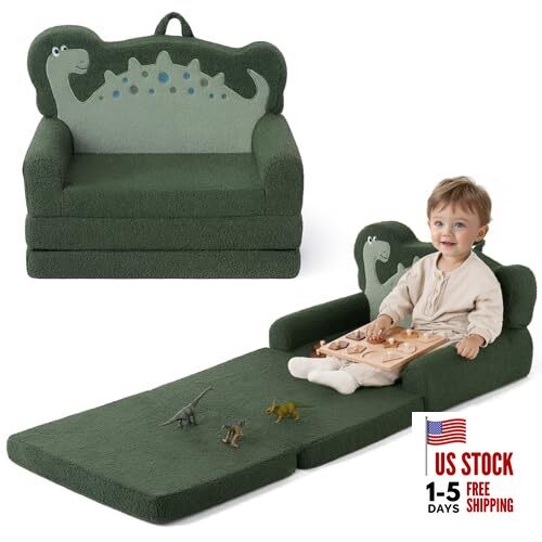 Kids Couch, 2-in-1 Soft Toddler Couch Fold Out, Toddler Dark Green Dinosaur