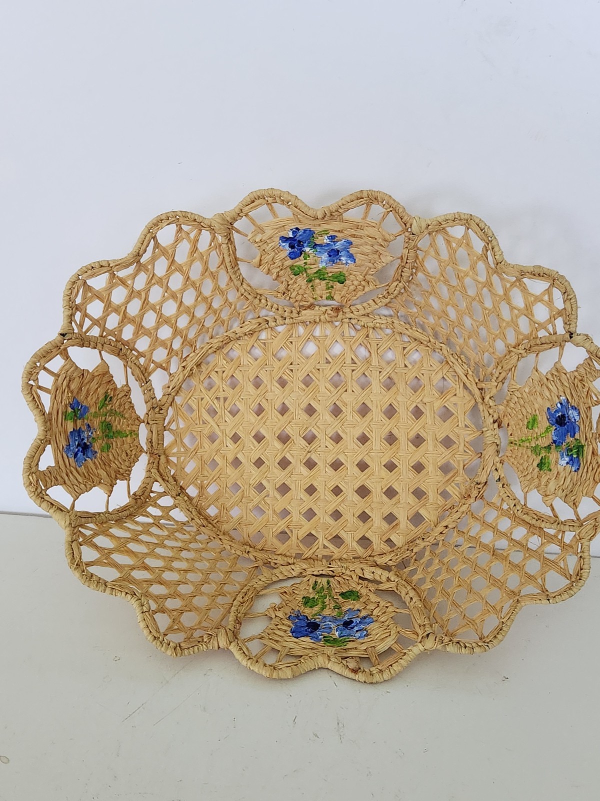 Woven Basket with Handpainted Blue Flowers