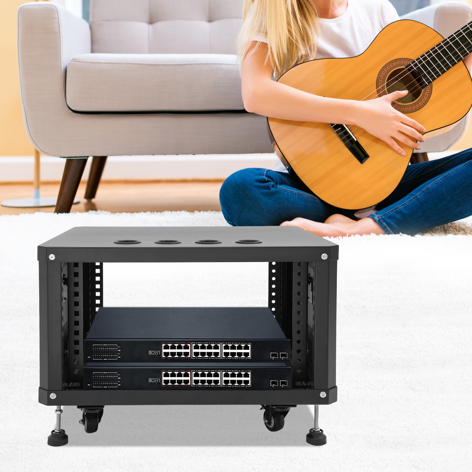 6U Stereo & Studio Rack w/ 4 Wheels, Rolling Network Cabinet Open Frame Rack
