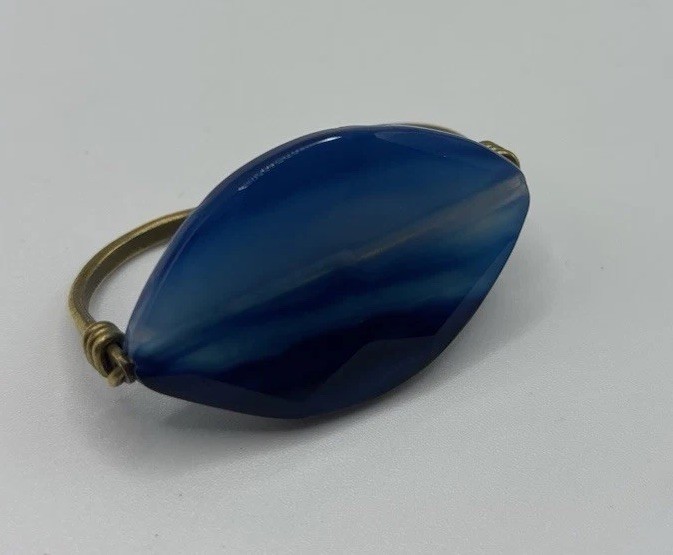 Blue Banded Faceted Agate Double Ring In Brass Wire Wrap slightly adjustable 7