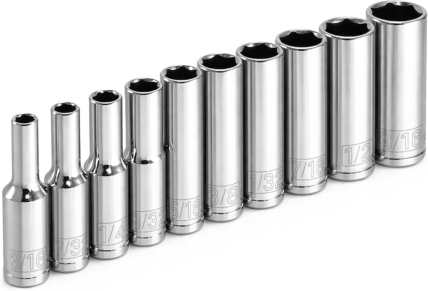 10 Piece 1/4 Inch Drive SAE 6 Point Deep Socket Set, Z-Drive Grips, Chrome