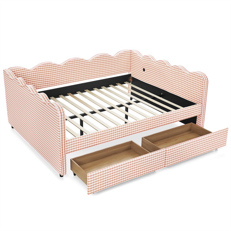 Queen Size Cozy Gingham Daybed with Two Storage Drawers and Adorable Wave Shaped