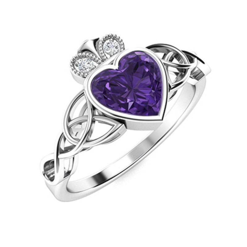 Sterling Silver Natural Amethyst Wedding Handmade Three-Stone Unique Ring