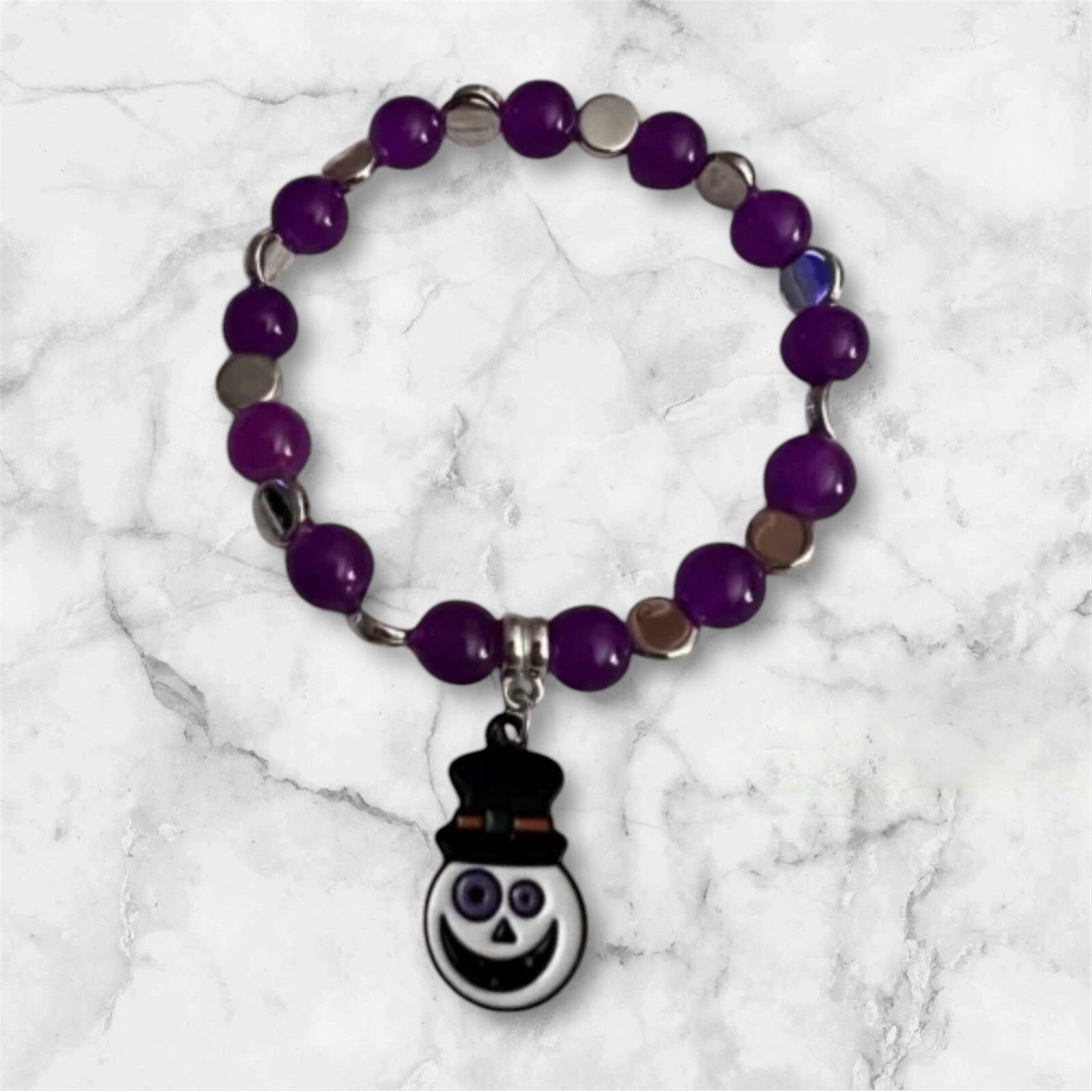 Handmade Halloween Purple Beaded Bracelet w/ Charm