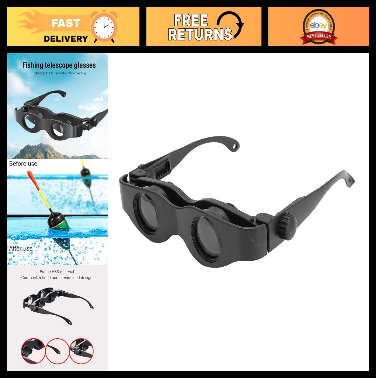 Portable Fishing Binocular Glasses 3X Zoom, Yellow Filter, Manual Focus Scope