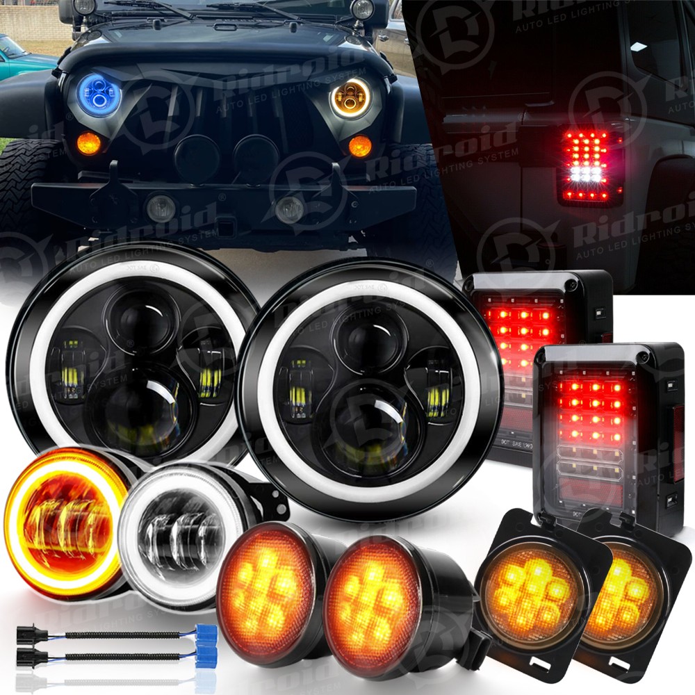 2007-2018 For Jeep Wrangler JK JKU Combo Led Halo Headlight Tail Fog Turn Lights