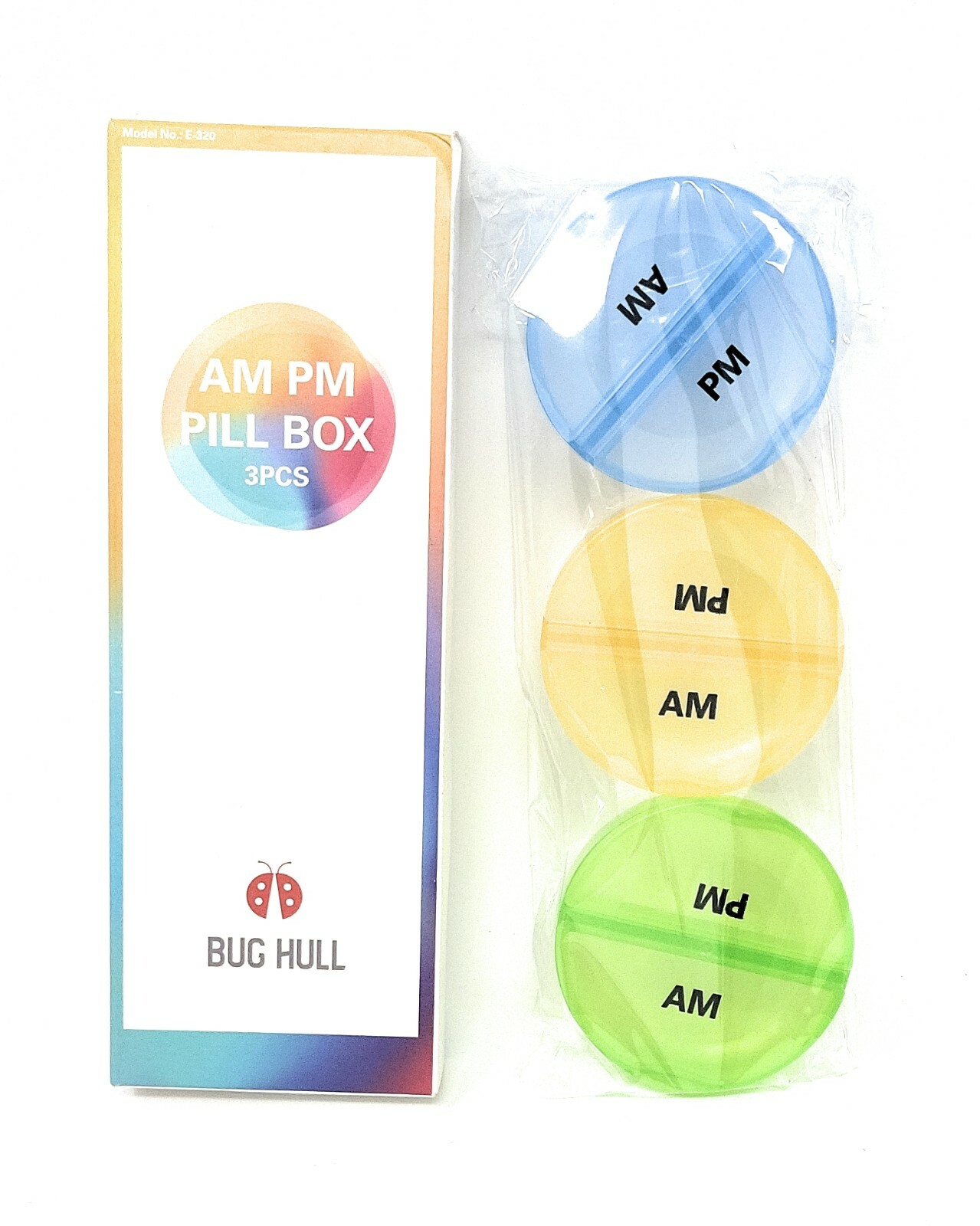 Bug Hull AM PM Pill Box 3 Pcs Travel Pill Cases  2.45" Round Pocket Purse New