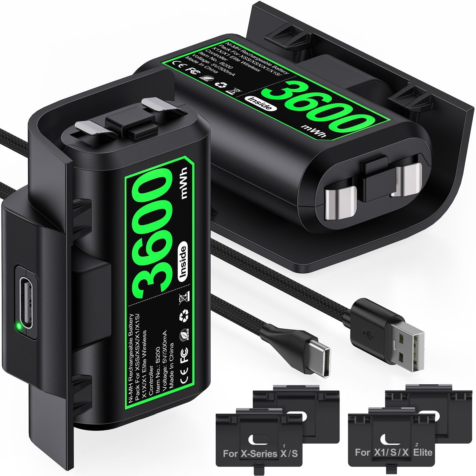 2* 3600mWh Charging Cable Rechargeable Battery Pack for Xbox One Xbox Series X|S